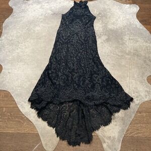 Save The Queen Dress Womens Sz Medium‎ Black Halter Trumpet Train Evening Open